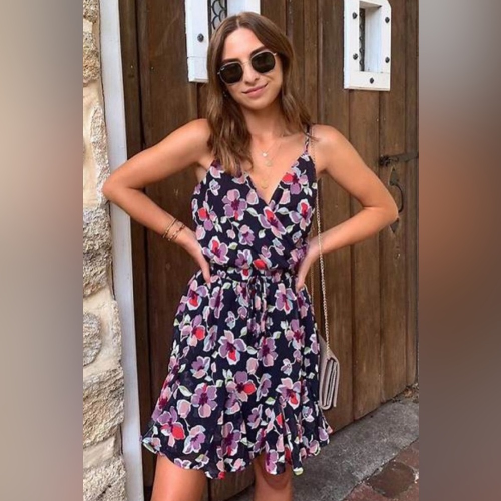 Francesca's Blue Rain Nelah Floral Godet Dress Size M